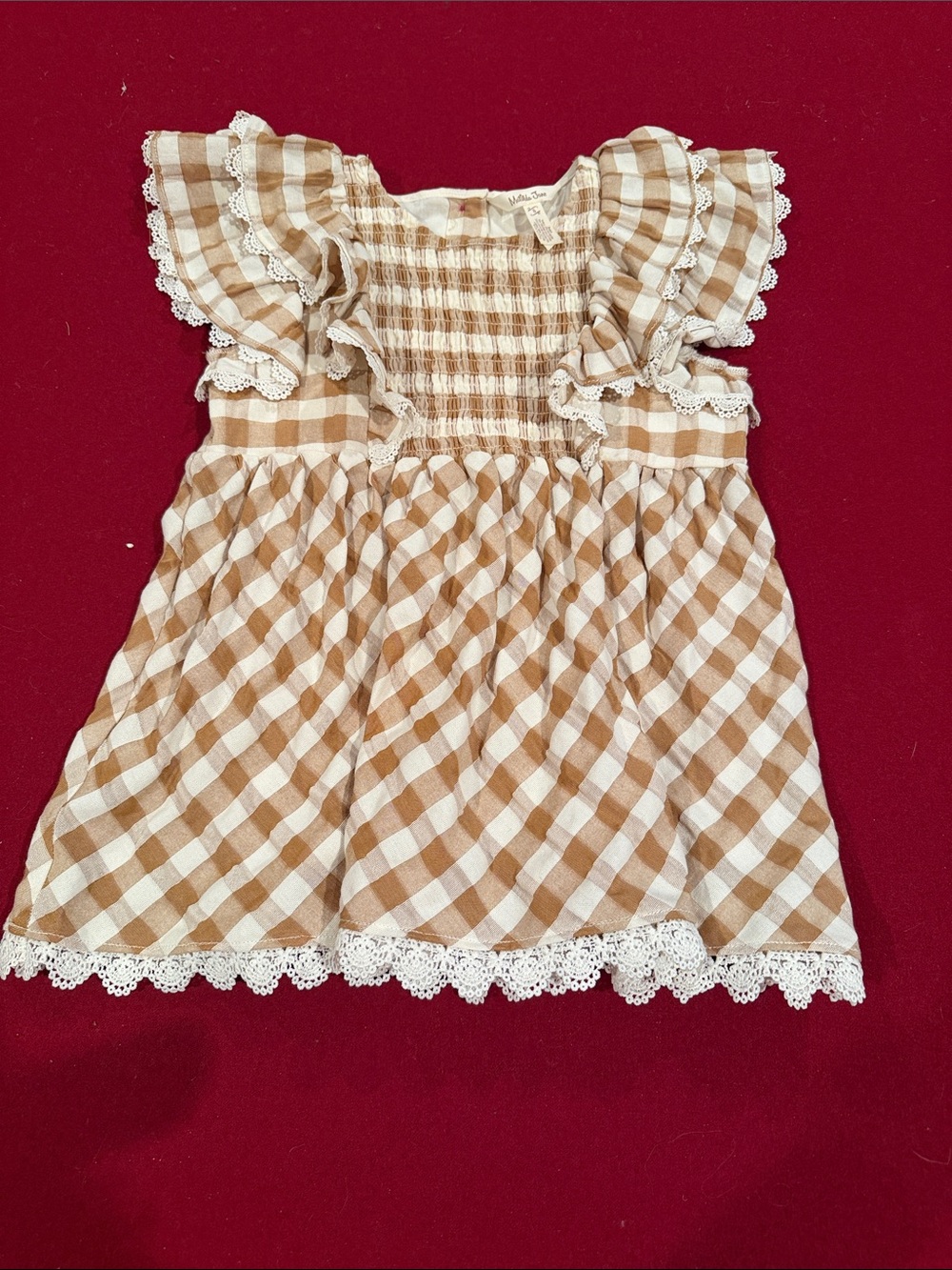 Matilda Jane Beige and White Gingham Smocked Flutter Shirt